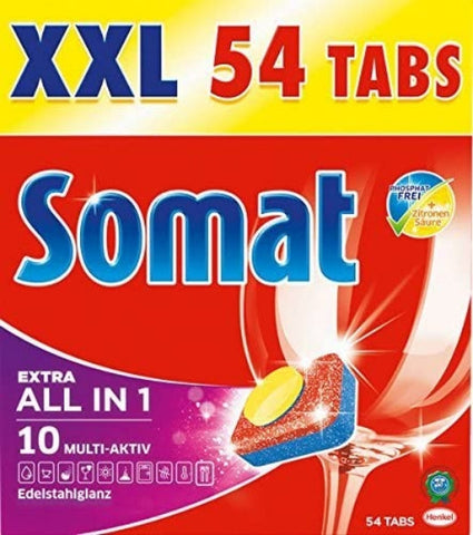 Somat 10 All in 1 Extra: XXL Packung mit 54 Spülmaschinen-Tabs für eine extra kraftvolle Reinigung, mit Edelstahl-Glanzfunktion, aktiv ab 40°C, phosphatfrei 54 Tabs